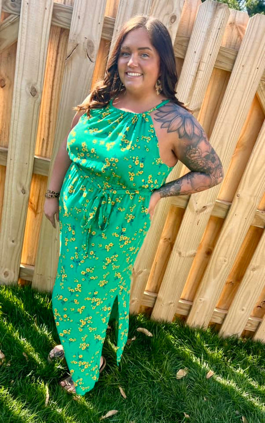 Green Halter Slit Dress