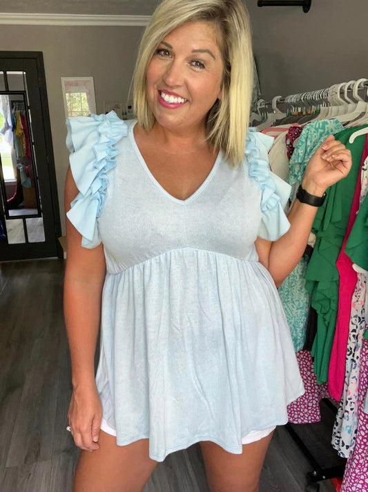 Sky Blue Ruffle Sleeveless Baby-Doll Top