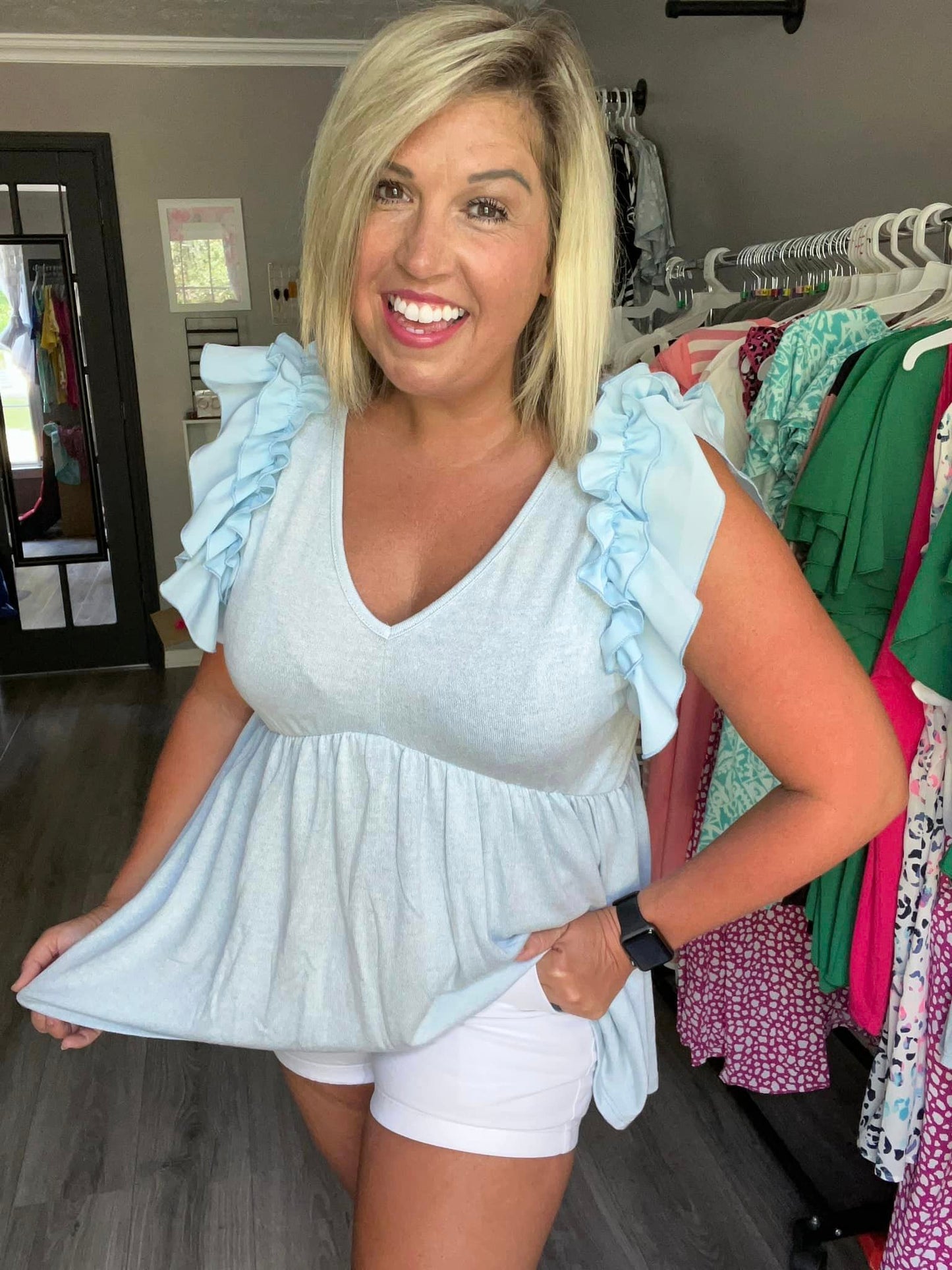 Sky Blue Ruffle Sleeveless Baby-Doll Top