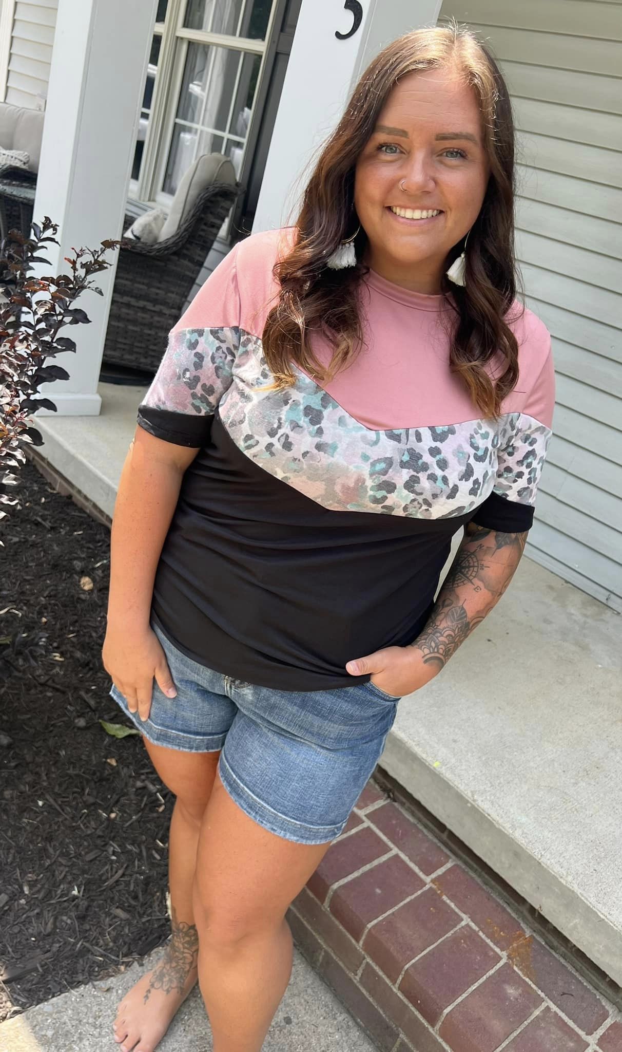 Mauve Leopard Color Block Tee