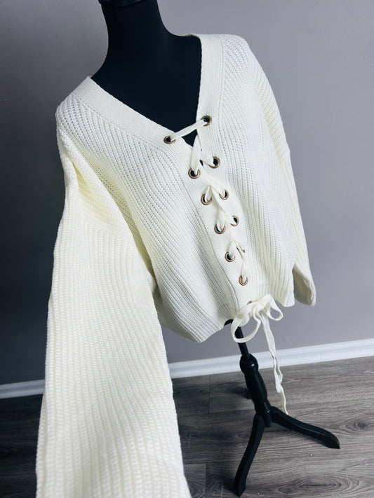 Eyelet Lace Up Pull Over Sweater