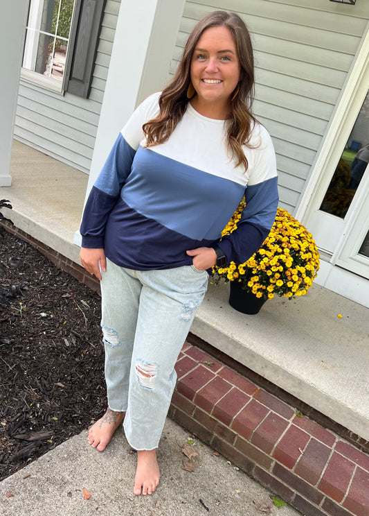 Blue/White Color Block Puff Sleeved Tee